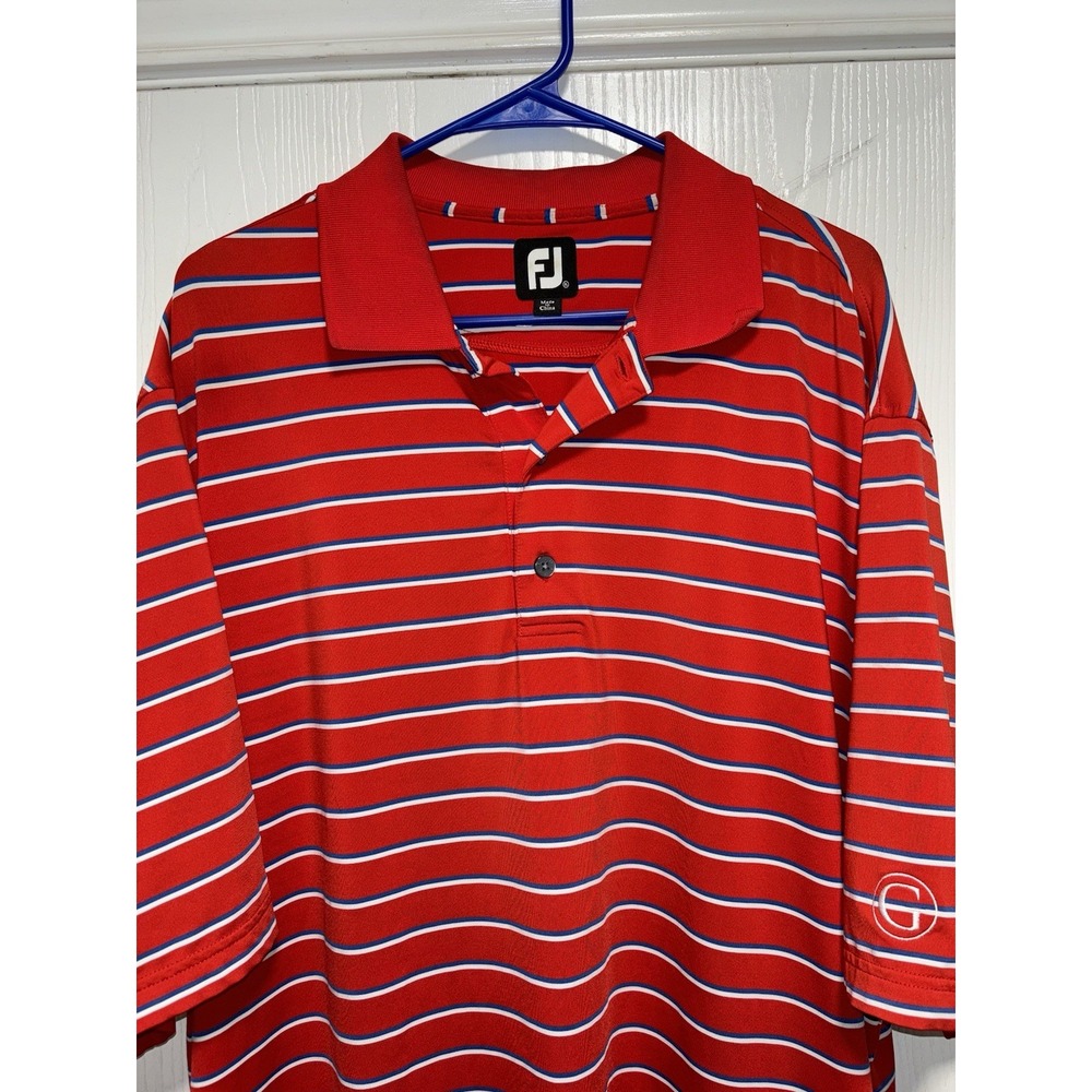 Footjoy Mens Golf Performance Polo Shirt XL Red Blue‎ White Stripe Short Sleeve